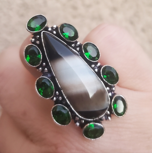 New Oversized Banded Agate & Peridot 925 Silver Statement Ring. - Picture 13 of 14